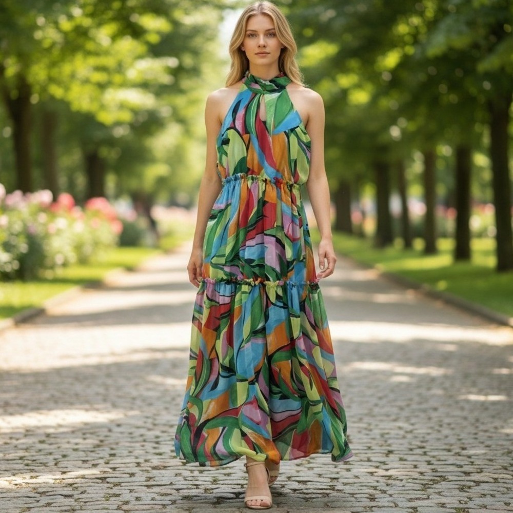 Nicole Miller Maxi Dress Multicolor Abstract Tropical Halter Tiered Resortwear S